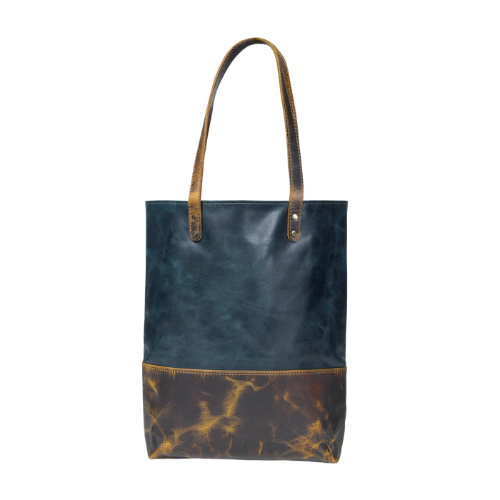 1-10.png Two-Tone Leather Tote Bag – Navy & Distressed Brown Shoulder Carry - Image 1