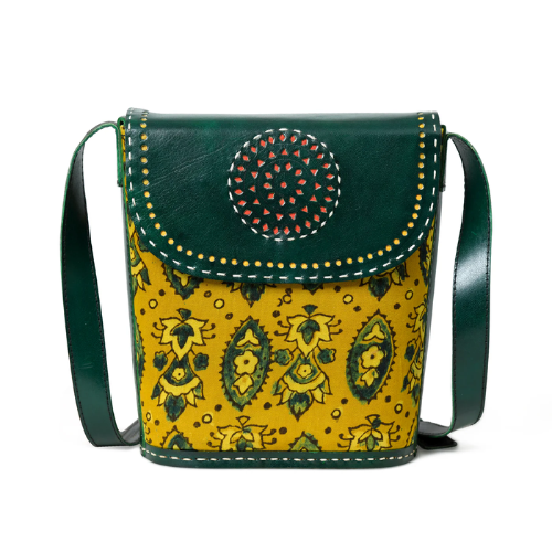 1-6-1.png Handcrafted Green & Mustard Leather Sling Bag – Ethnic Pattern Crossbody - Image 1