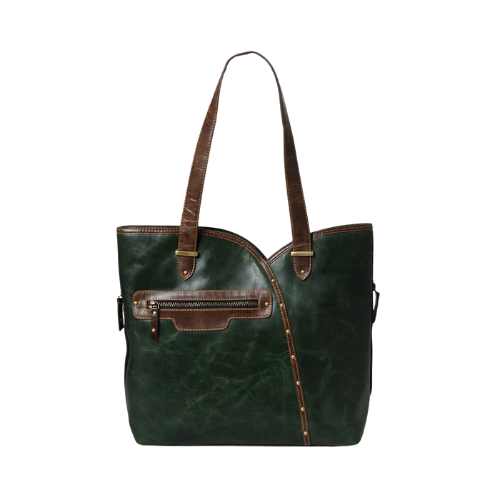 1-6.png Green Leather Tote with Brown Accents - Image 1